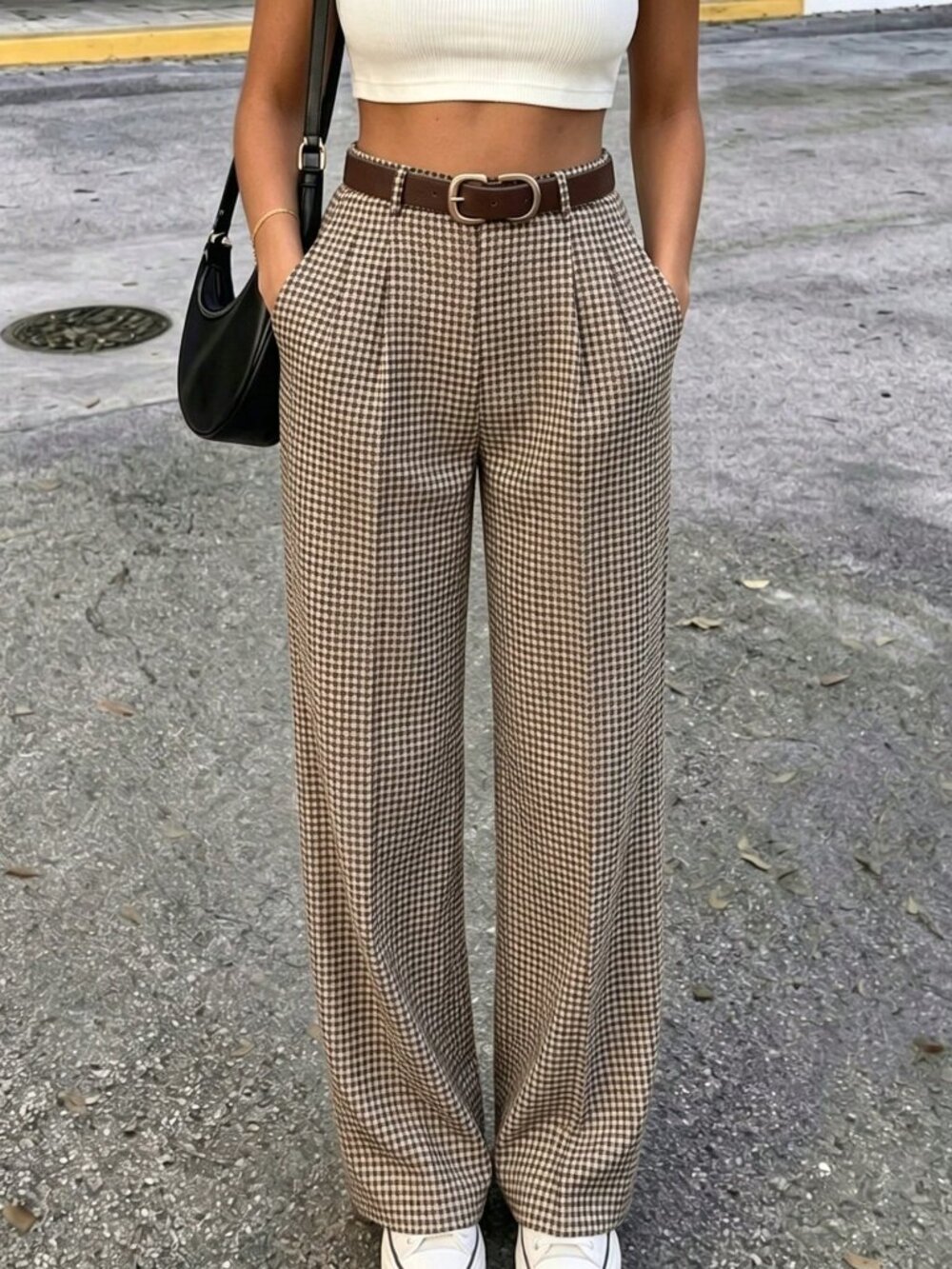 Multicolor Casual Women's Plaid High Waist Straight Leg Trousers